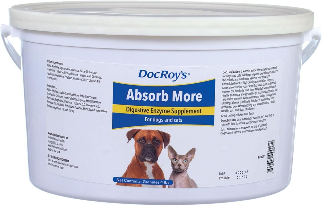 L'absorption de Doc Roy - Supplément enzymatique digestif- pour chiens et chats - 4lb Granules