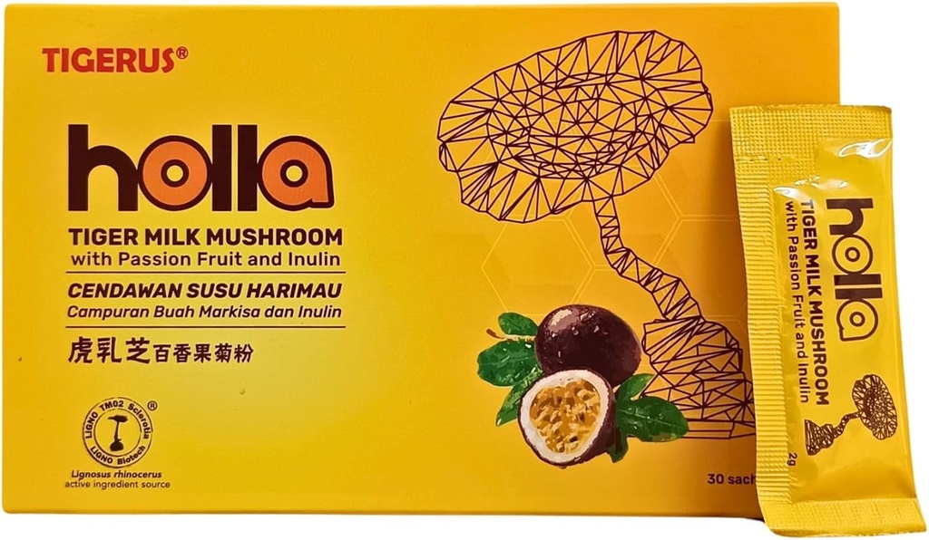 TIGERUS® Holla Champignon au lait de tigre avec fruits de passion et inuline - Soutien immunitaire, santé digestive, boost antioxydant, supplément de bien-être naturel - 30 sachets