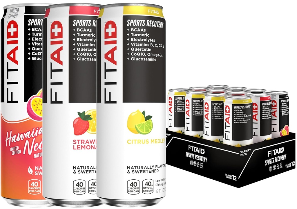 FITAID Recovery Blend, Variété Pack, BCAAs, Glucosamine, Electrolytes, Oméga-3s, Thé vert, 100% propre, Paléo, Vegan et sans gluten, naturellement sucré et aromatisé, boîtes de 12 oz (paquet de 12)