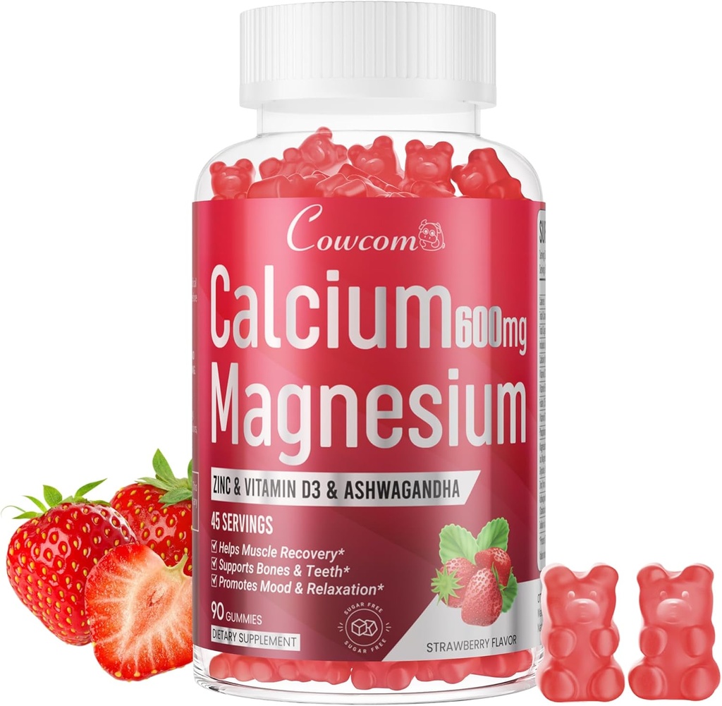 Calcium Magnésium Zinc Gummies & Vitamine D3,B6,B12,Immune & Soutien Bone Santé Calcium supplément de magnésium pour les femmes hommes, sans sucre végétalien fraise parfum 90 comtes