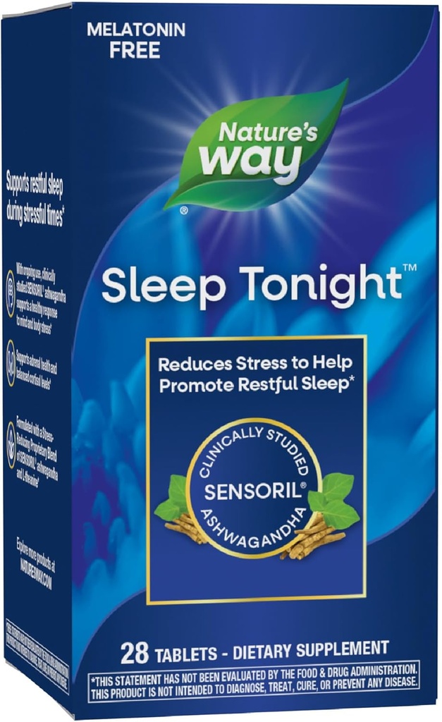 Nature's Way Sleep Tonight, Stress-Reducing Formula to Promote Restful Sleep*, With Ashwagandha and L-Theanine, Melatonin free, Vegan, 28 Tablets (Packaging May Vary)