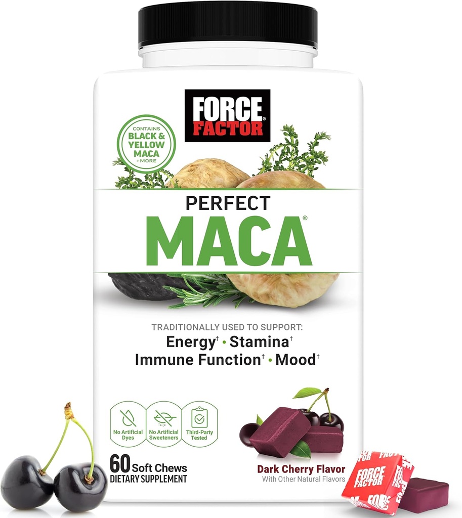 FACTEUR DE FORCE Supplément parfait de maca, de racine de maca et de DIM avec safran pour stimuler l'énergie et l'humeur, avec maca jaune et noir, vitamines, minéraux et antioxydants, saveur de cerise foncée, 60 chews doux