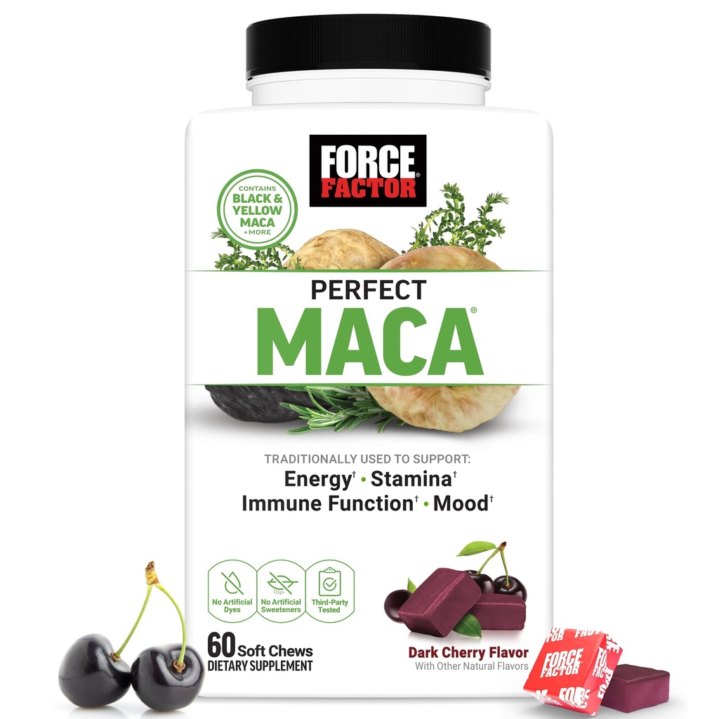 FACTEUR DE FORCE Supplément parfait de maca, de racine de maca et de DIM avec safran pour stimuler l'énergie et l'humeur, avec maca jaune et noir, vitamines, minéraux et antioxydants, saveur de cerise foncée, 60 chews doux