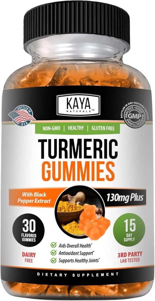 Kaya Naturals Suppléments curcuma Gummies - Curcumine curcuma pur nature - Gingembre curcuma - 30 Gummy de compte - Turcuma avec extrait de poivre noir