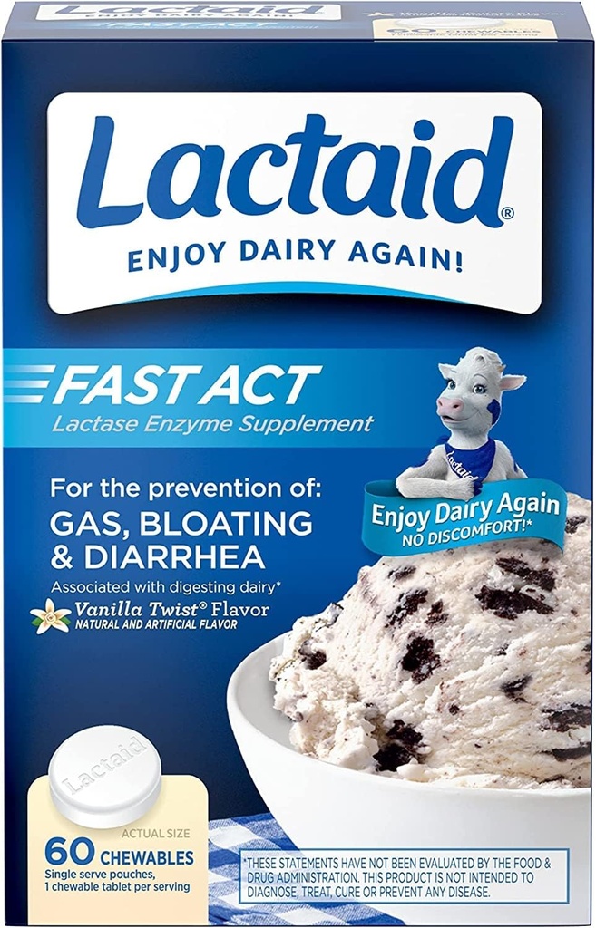 Lactaid Fast Act Lactose Intolérance Relief Chewables with Lactase Enzyme to prevent Gas, Bloating & Diarrhée Due à LactoseSensibilité,Idéal pour Voyage et Sur le pouce, Vanilla Twist,60 Packs de 1-ct.(5pk)