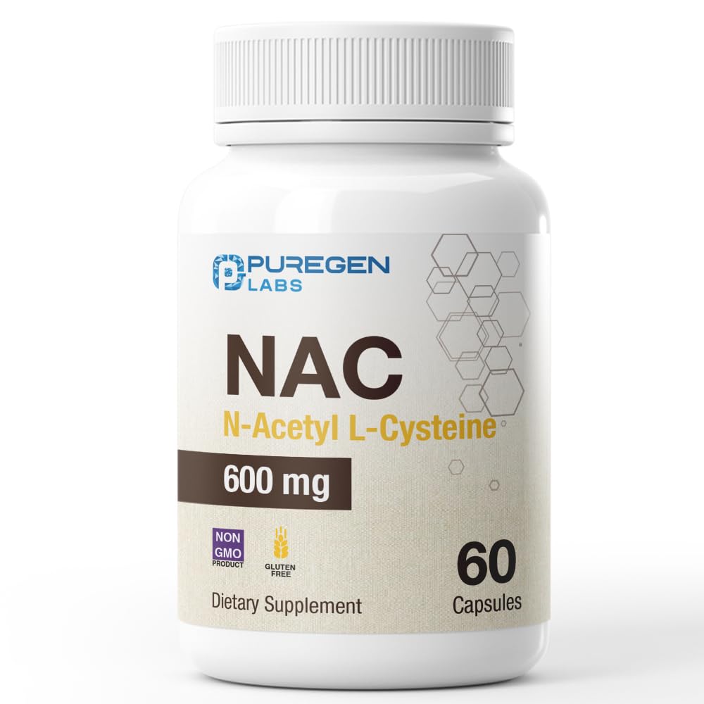 Puregen Labs N-acétyl-L-Cysteine (NAC) 600 mg, Supplément de soutien antioxydant, NAC 600 mg, Facile à absorber - 60 Capsules végétariennes