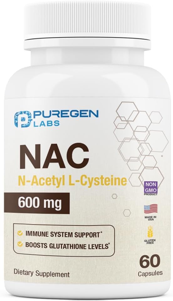 Puregen Labs N-acétyl-L-Cysteine (NAC) 600mg, Soutiens immunitaire, respiratoire, santé du foie, NAC 600 mg, Potent antioxydant Support, radicaux libres, Facile à absorber - 60 Capsules végétariennes