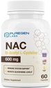 Puregen Labs N-acétyl-L-Cysteine (NAC) 600mg, Soutiens immunitaire, respiratoire, santé du foie, NAC 600 mg, Potent antioxydant Support, radicaux libres, Facile à absorber - 60 Capsules végétariennes