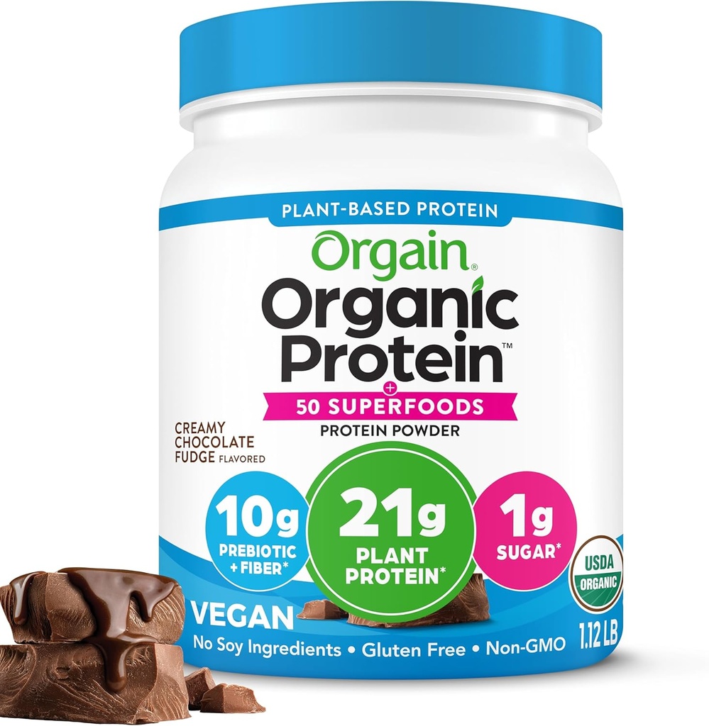 Protéines végétales organiques d'orgaine + 50 Superaliments Poudre, Chocolat crémeux Fudge - 21g Protéines végétales, 10g Fibres prébiotiques, Pas d'ingrédients de lactose, Sans gluten, Pas de sucre ajouté, Non-OGM, 1.12 lb