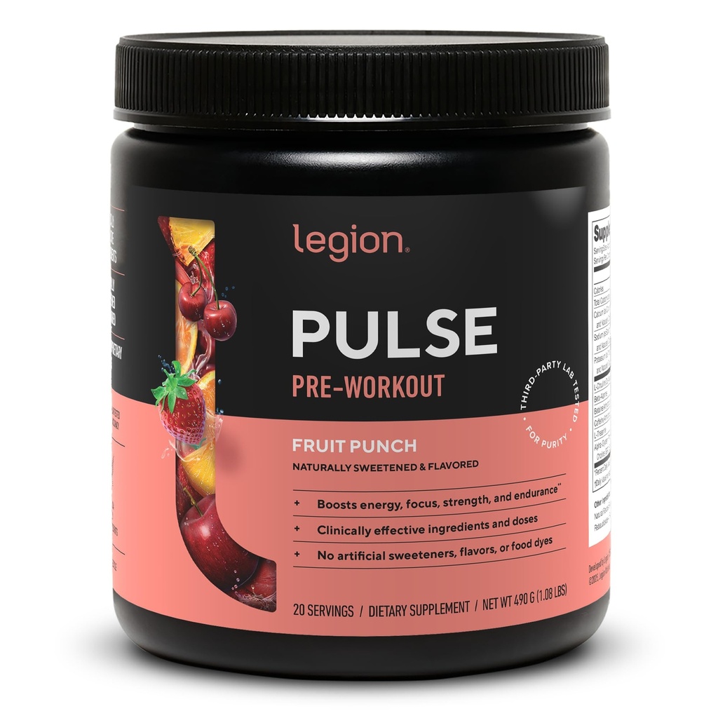 LÉGION Pulse Pre Workout Supplement - Toutes les boissons naturelles à oxyde nitrique pour stimuler l'énergie, sans créatine, naturellement sucrée, Beta Alanine, Citrulline, Alpha GPC (Fruit Punch)