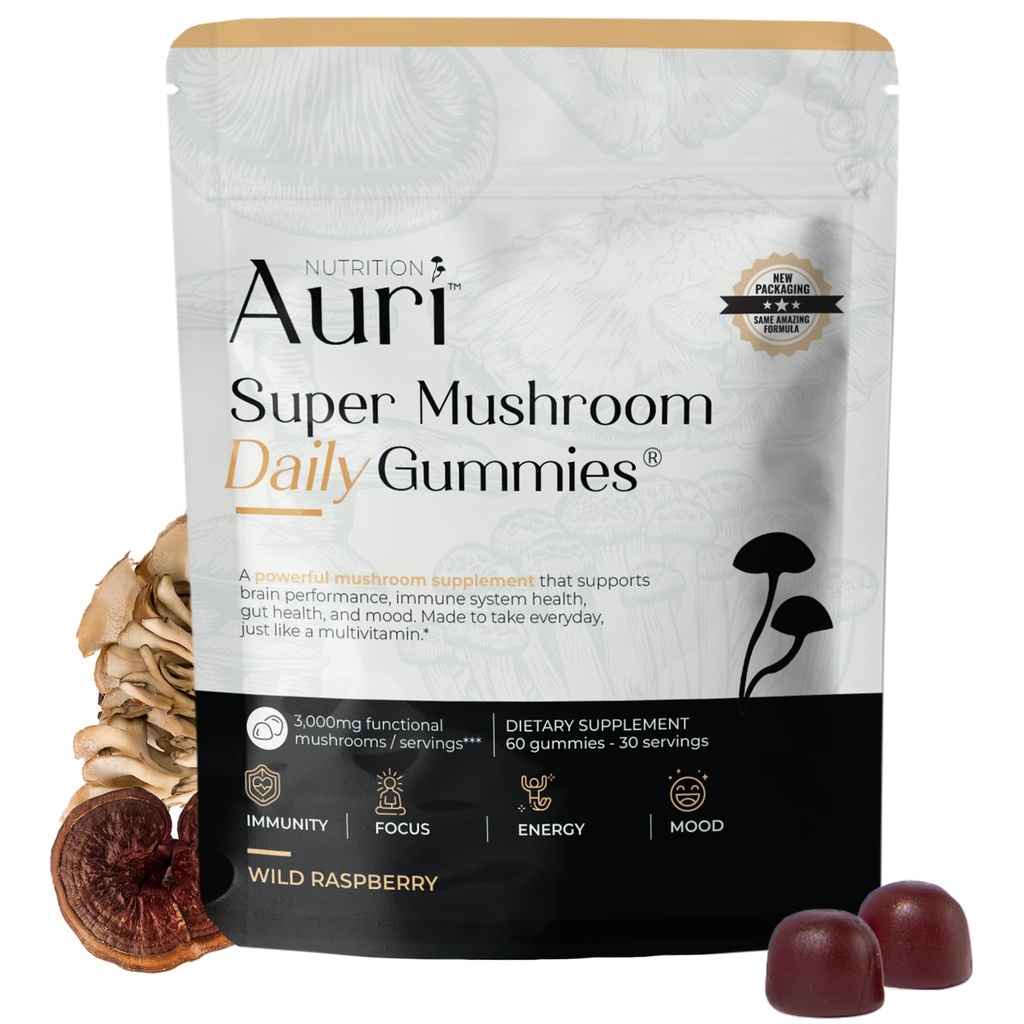 Auri Super Champignons Gommies quotidiennes - Supplément de Champignons tous les jours Gommy - 12 Champignons mélangés avec Chaga, Lions Mane, Reishi, Cordyceps - 60 Gommies