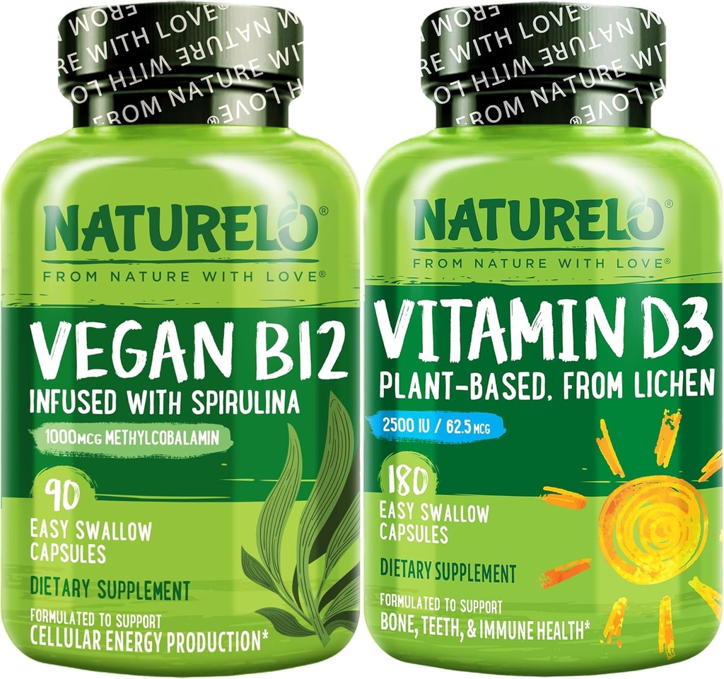 NATURELO Vitamine D - Plante à base de lichen - 180 Mini Capsules, Vegan B12, 1000 mcg de méthylcobalamine - 90 Capsules