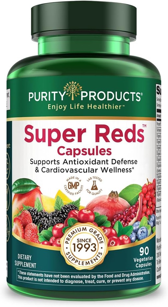 Produits de pureté Super Reds Capsules Formule (20+ Super Fruits et baies biologiques) Phytonutriments biologiques certifiés - 90 Capsules