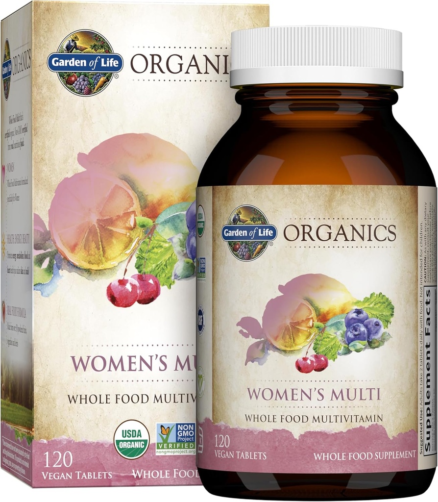 Jardin de la vie Organiques Multivitamines pour femmes, Femmes Multi avec Vitamine C, D, Folate, B6, B12, Biotine, Fer, Vitamines végétales entières pour femmes, Énergie, Peau, Nails, 120 Comprimés
