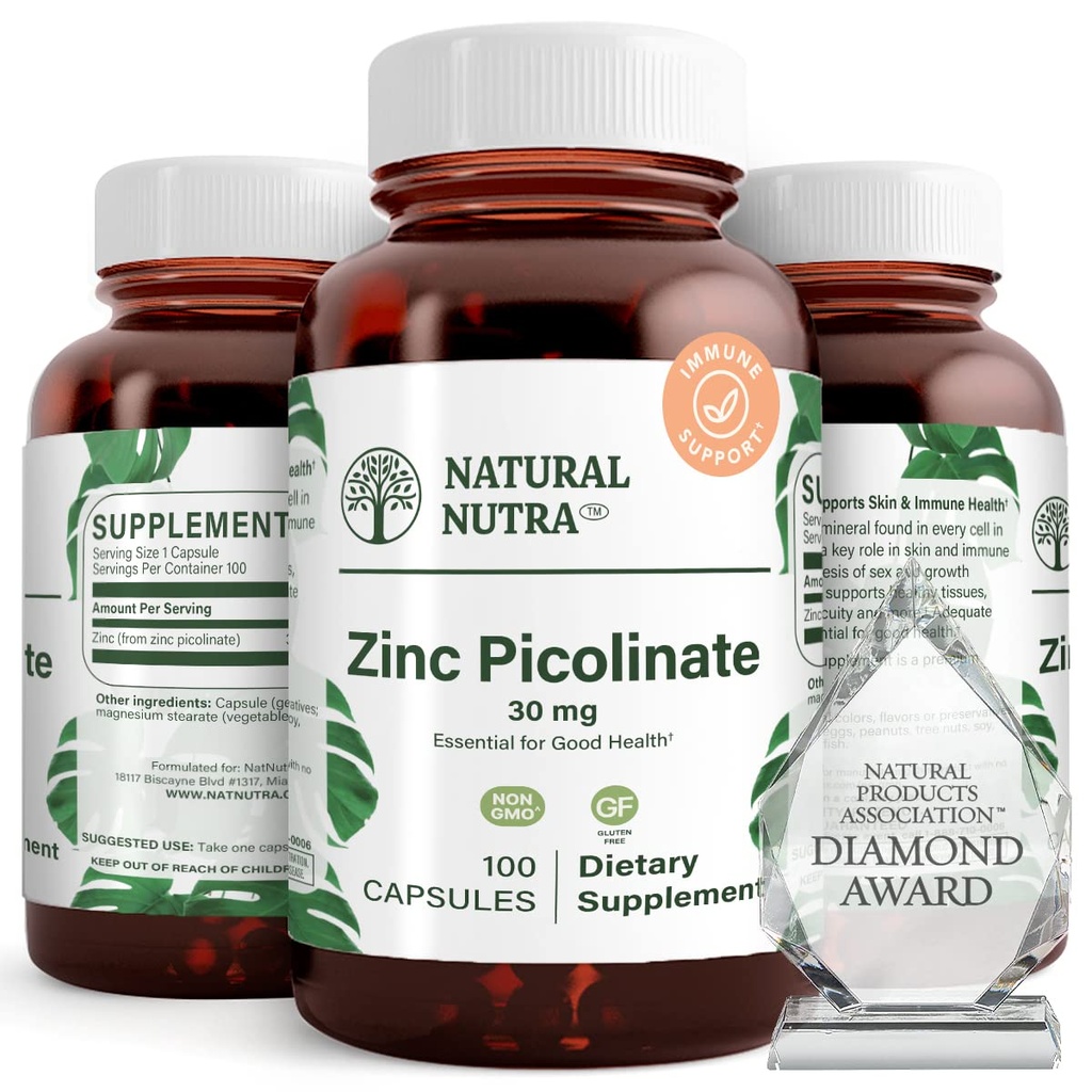 Picolinate de zinc naturel Nutra 30 mg, double résistance, brut et pur, supplément hautement biodisponible pour la croissance et le soutien immunitaire, aide à promouvoir la santé de la peau, aide à soutenir le système métabolique 100 capsules