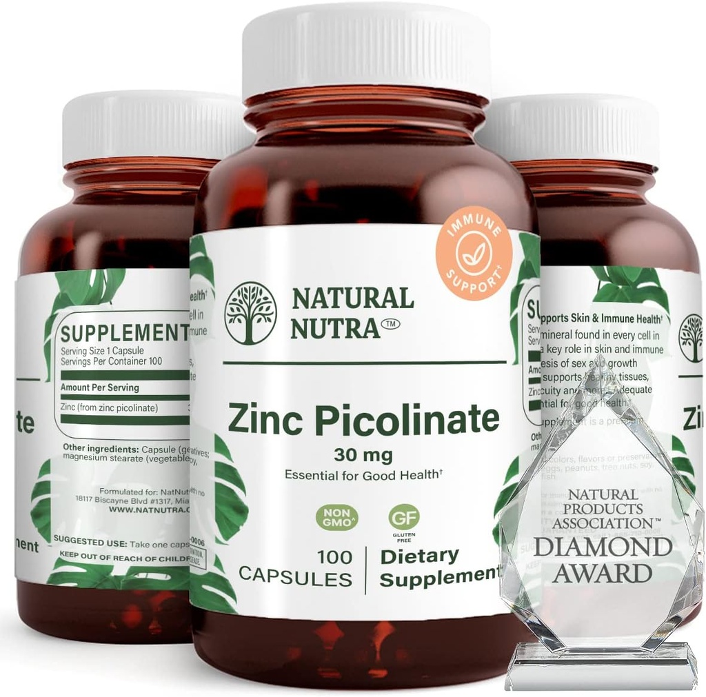 Picolinate de zinc naturel Nutra 30 mg, double résistance, brut et pur, supplément hautement biodisponible pour la croissance et le soutien immunitaire, aide à promouvoir la santé de la peau, aide à soutenir le système métabolique 100 capsules