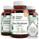 Picolinate de zinc naturel Nutra 30 mg, double résistance, brut et pur, supplément hautement biodisponible pour la croissance et le soutien immunitaire, aide à promouvoir la santé de la peau, aide à soutenir le système métabolique 100 capsules