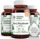 Picolinate de zinc naturel Nutra 30 mg, double résistance, brut et pur, supplément hautement biodisponible pour la croissance et le soutien immunitaire, aide à promouvoir la santé de la peau, aide à soutenir le système métabolique 100 capsules