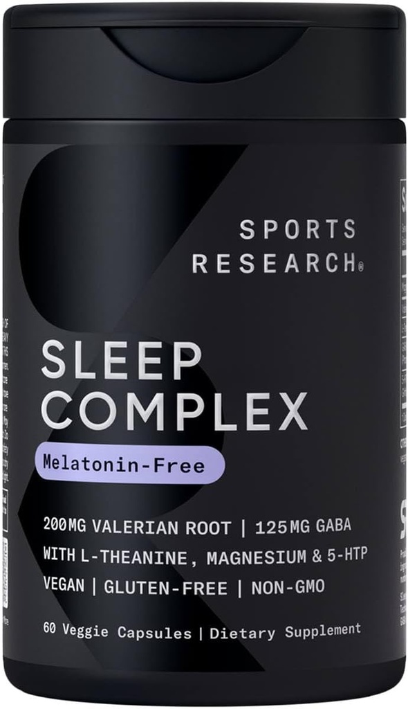 Sports Research® Sleep Complex - Capsules végétaliennes sans mélatonine - avec racine valériane, GABA, L-Theanine, Magnésium et 5-HTP - 30 portions