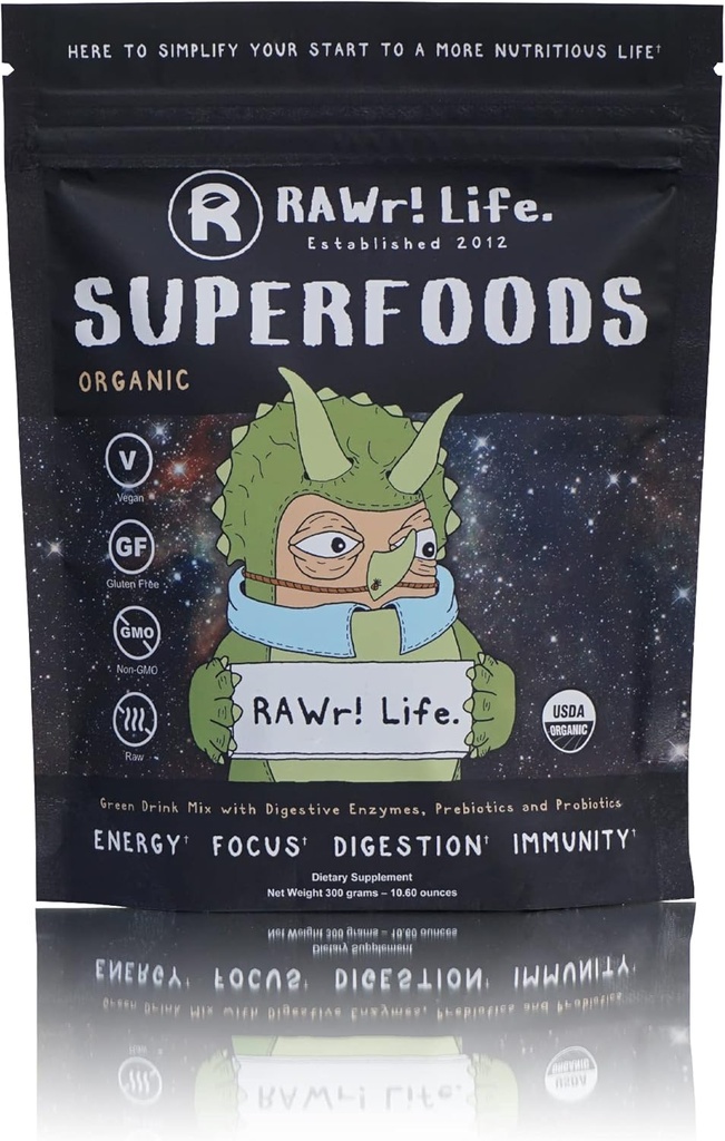 RAWr! Superfoods - w Digestive Enzymes Probiotics & Prebiotics Green Drink Powder - Certified Organic - Created by Pro Skateboarder John Motta & Pro BMXer/Rare Fruit Grower Joey Motta