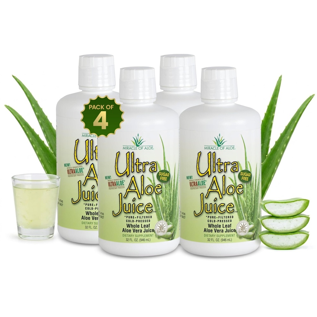 Miracle d'Aloe Ultra Aloe Vera Juice, 1 Qt. 4 Pack, feuille entière, pur, filtré, certifié pour le contenu et la pureté (Gallon)