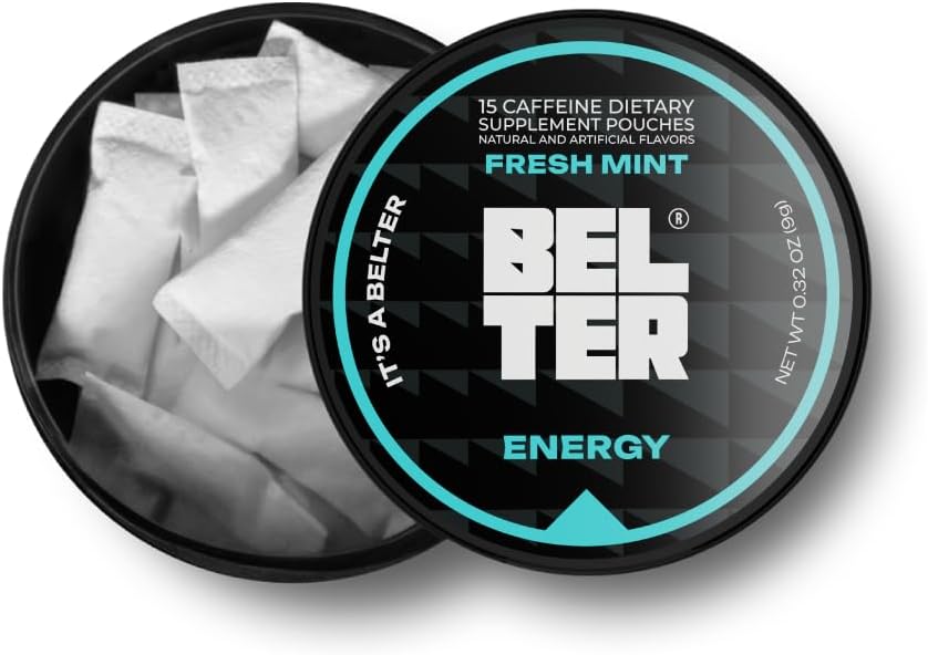 BELTER - Fresh Mint - Caffeine Pouches - 15 Count - Fast-Acting - Zero-Calorie Energy Boost - 96mg Caffeine Per Pouch - Ideal for Sports, Gym, Gaming, & Work