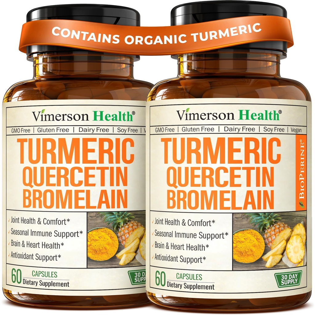 Quercetin avec supplément curcumin bromelain curcuma – anti-allergie, soutien articulaire et immunitaire – supplément curcuma biologique avec poivre noir (Bioperine) – Quercetin 500mg Capsules 2 Pack