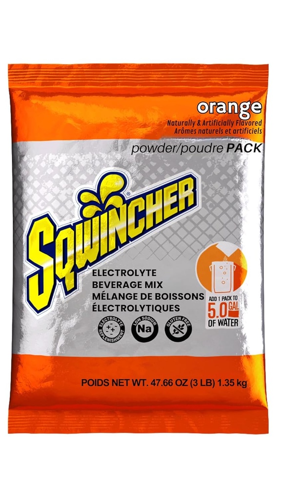 Powder Pack de Sqwincher Orange Aromatisé de faible teneur en calories Faible teneur en sodium Réapprovisionnement en électrolytes Mélange de boisson d'hydratation Juste ajouter à 5 Gallons d'eau