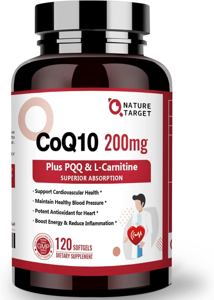NATURE TARGET CoQ10-200mg avec PQQ L-Carnitine & Omega-3s, Coenzyme d'absorption élevée-Q10 avec BioPerine, supporte le système cardiaque et immunitaire, Cellular-Energy-Production, 120 portions