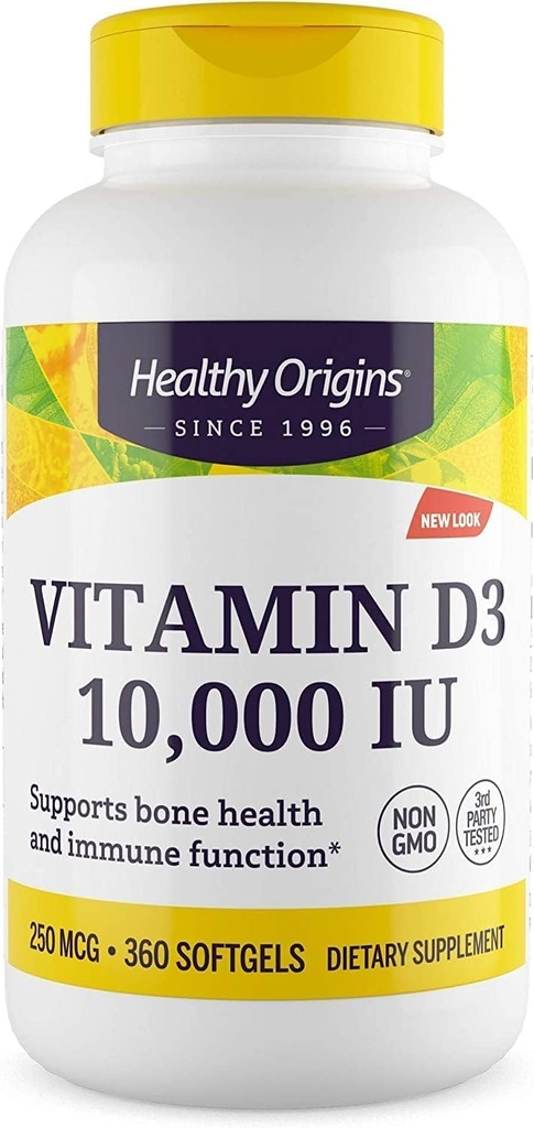 Origines saines Vitamine D3 10 000 UI (non-OGM, haute puissance, soutien osseux, soutien immunitaire, sans gluten), 360 softgels