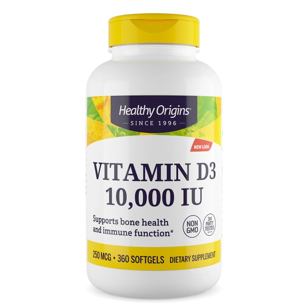 Origines saines Vitamine D3 10 000 UI (non-OGM, haute puissance, soutien osseux, soutien immunitaire, sans gluten), 360 softgels