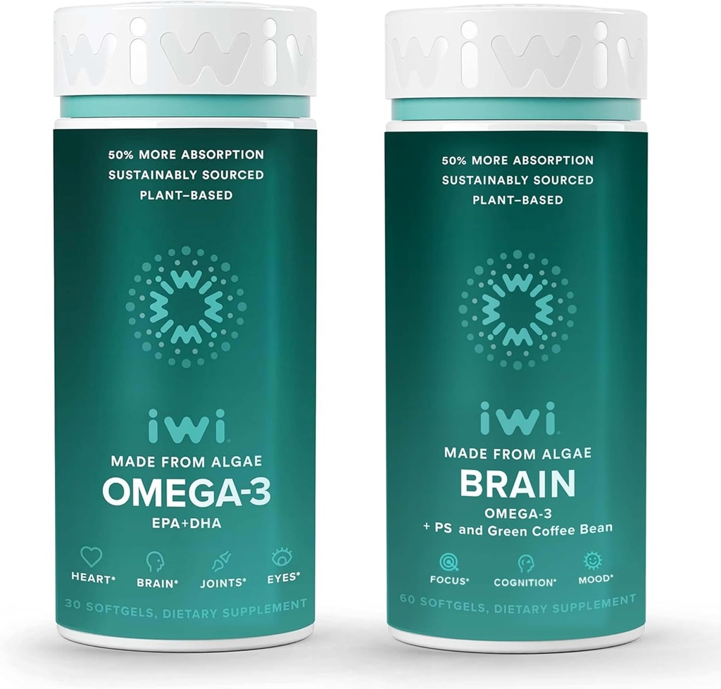 Iwi Omega-3 & Brain Omega-3 Bundle, 30 Servings, Vegan Plant-Based Algae Omega 3 with EPA + DHA, Krill & Fish Oil Alternative, No Fishy Aftertaste