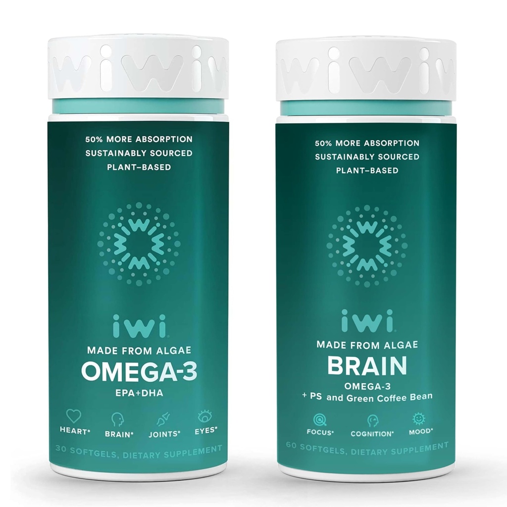 Iwi Omega-3 & Brain Omega-3 Bundle, 30 portions, Algae Omega 3 à base végétale végétalienne avec EPA + DHA, Krill & Fish Oil Alternative, Aucun arrière-goût de poisson