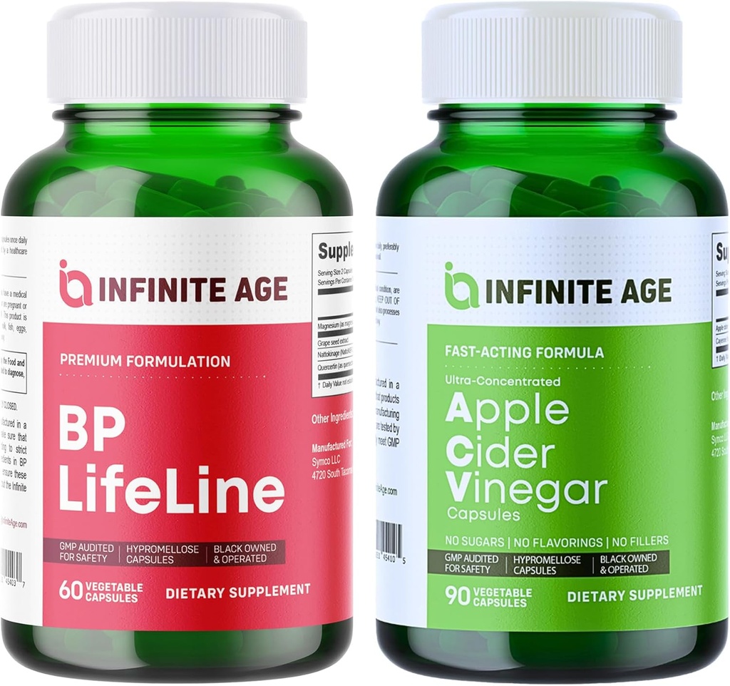 INFINITE AGE Wellness Bundle - BP Lifeline Heart Health Support Supplement 1030mg, Apple Cider Vinegar Capsules 1950mg - Made in The USA