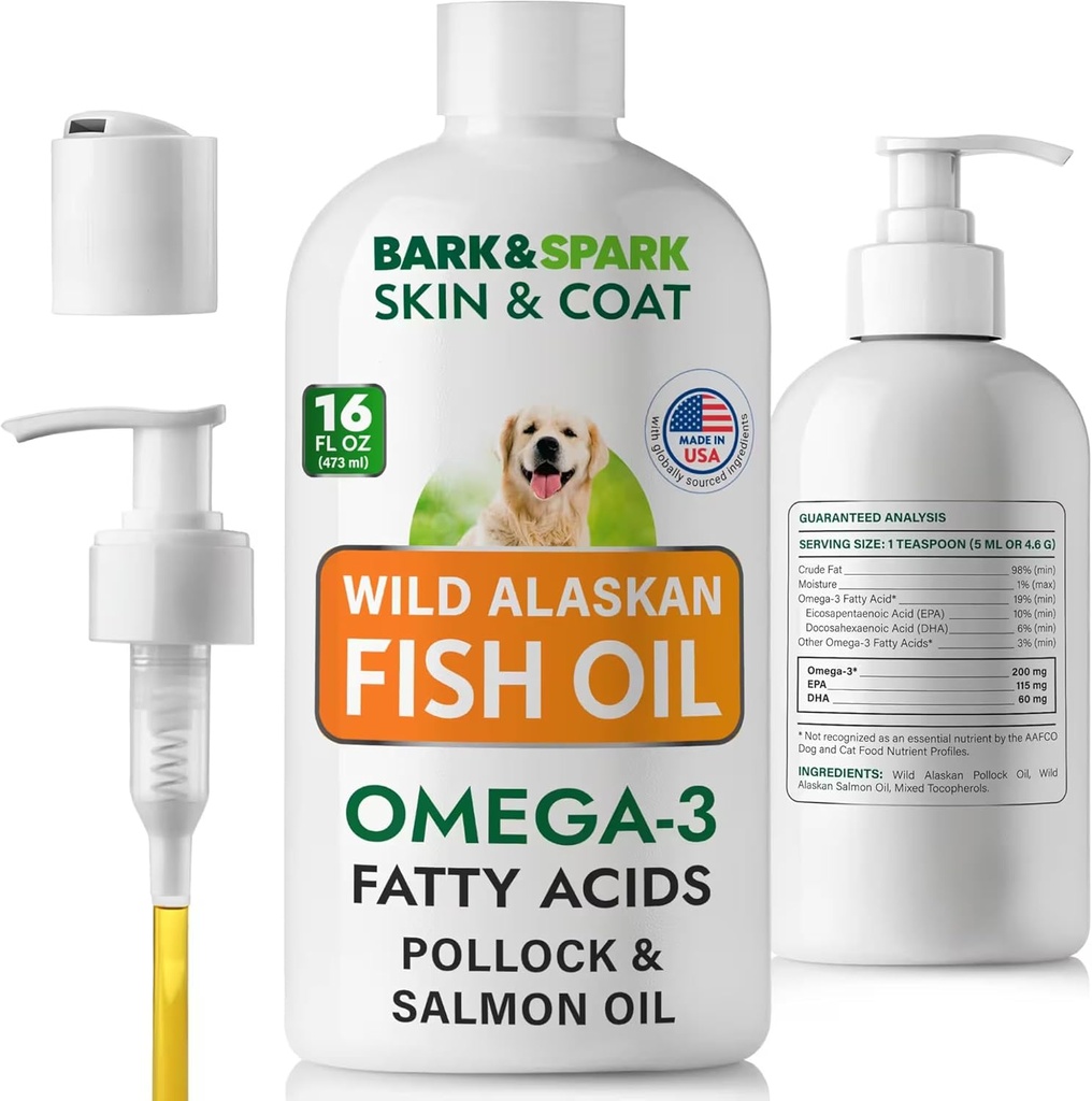 BARK&SPARK Huile de poisson pour chiens - Support naturel Oméga-3-Peau et manteau - Supplément alimentaire pour animaux de compagnie-EPA+DHA Acides gras pour la fonction articulaire, santé immunitaire et cardiaque 16 (fl oz)-Sardine et Krill