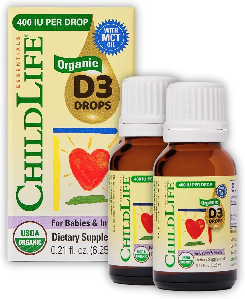 ESSENTIELS DE L'ENFANT Vitamine biologique D3 gouttes pour nourrissons et nouveau-nés - gouttes de vitamine D pour bébés, 400 UI par goutte liquide, Immune & Bone Health Support, USDA Organic, Flavorless - 0,21 Fl Oz (2 Pack)