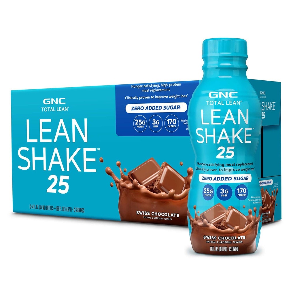 GNC Lean Shake 25 Protein Shake, Clinically Proven Weight Management, Meal Replacement, 25g Protein with Zero Added Sugar, Ready To Drink, Swiss Chocolate, Pack of 12