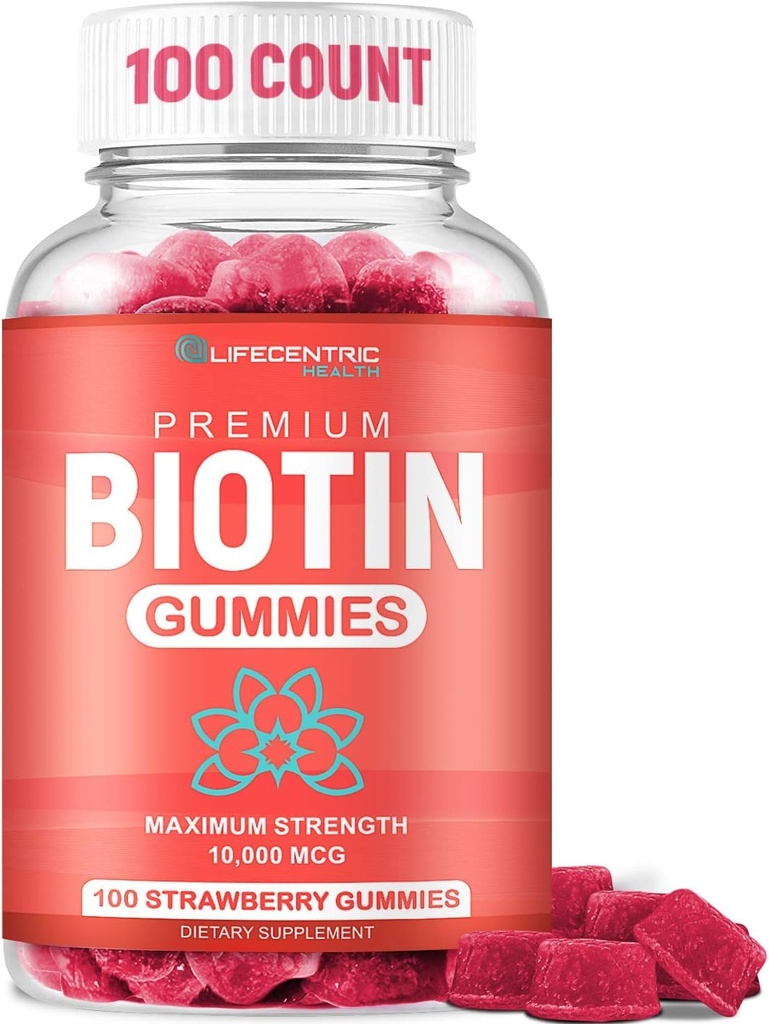 LifeCentric Health Biotin Gummies pour les adultes de Max Strength Biotin 10000mcg de supplément de biotine à croquer pour les femmes et les hommes de 100 Nombre Gummmies vegan pour la peau et les ongles des cheveux