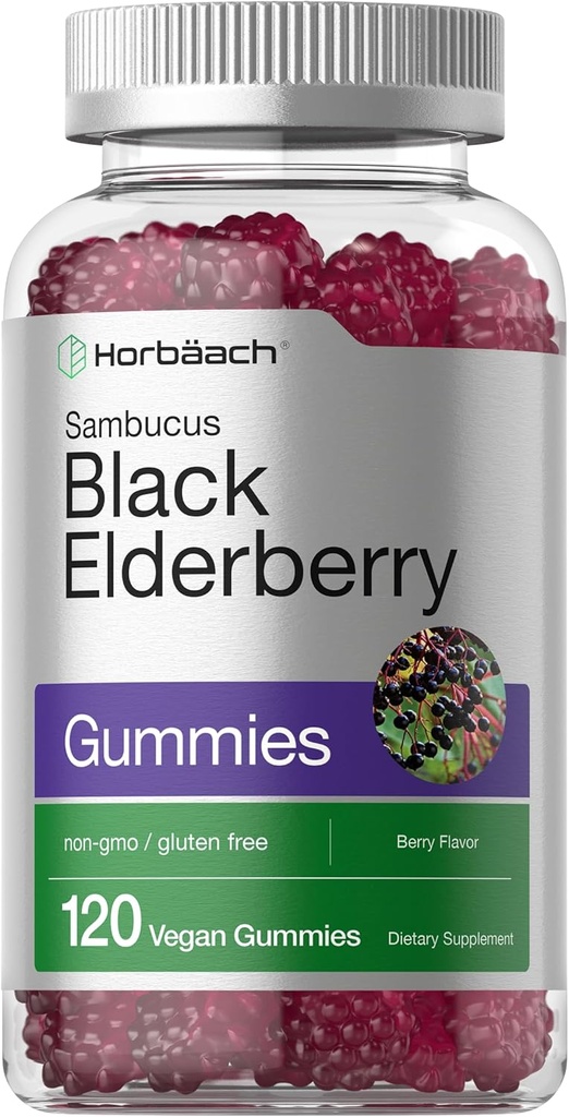 Horbaach Black Elderberry Gummies.com 120 Comte.com Extrait de Sambucus avec du zinc et de la vitamine C.com.