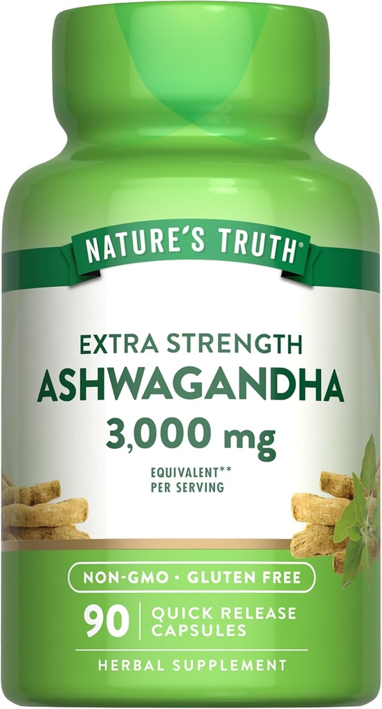 La vérité de la nature Capsules Ashwagandha , 3000mg , 90 Count , Extra Strength , avec Pepper noir , Supplément sans OGM et sans gluten