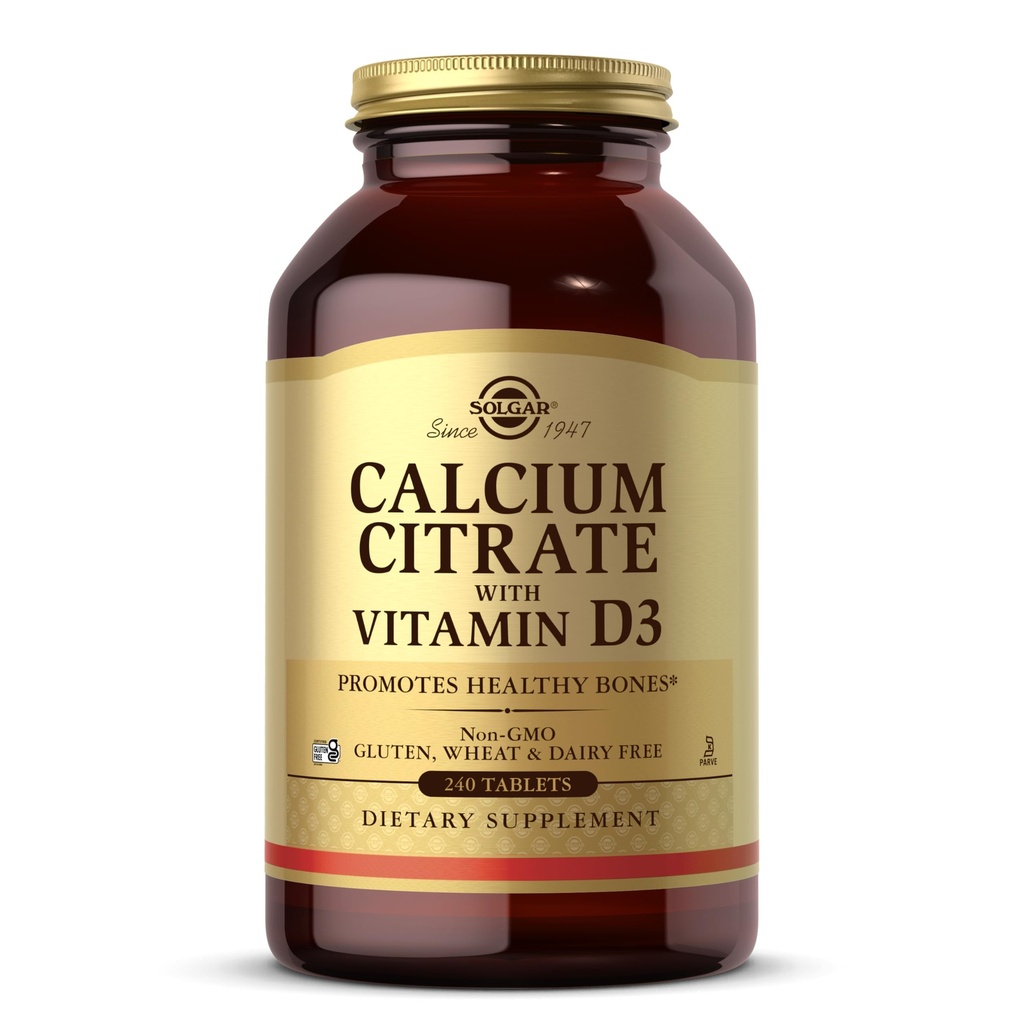 Citrate de calcium de Solgar avec vitamine D3, 240 comprimés - favorise la santé des os et des dents, soutient les systèmes musculosquelettiques et nerveux - non-OGM, sans gluten, sans produits laitiers, sans casher - 60 portions