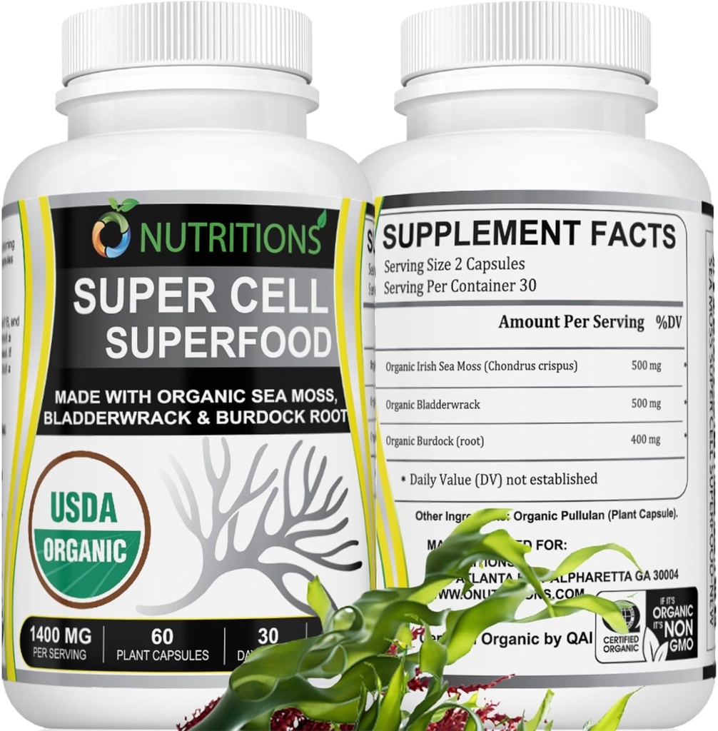 Sea Moss 60 Capsules USDA Certified Organic Irish Sea Moss Capsules with Bladderwrack & Burdock Root – Supplément de soutien immunitaire pour les hommes et les femmes – Vitamines féminines et Vitamines masculines (1 Pack)