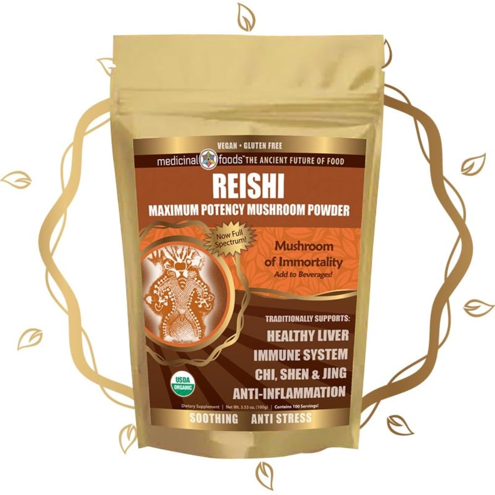 Aliments médicinaux Poudre de champignons Reishi - plus grande puissance, plein spectre, apaisant, anti-stress, pour smoothies et thé, biologique, végétalien, non-OGM, sans gluten (100 portions)