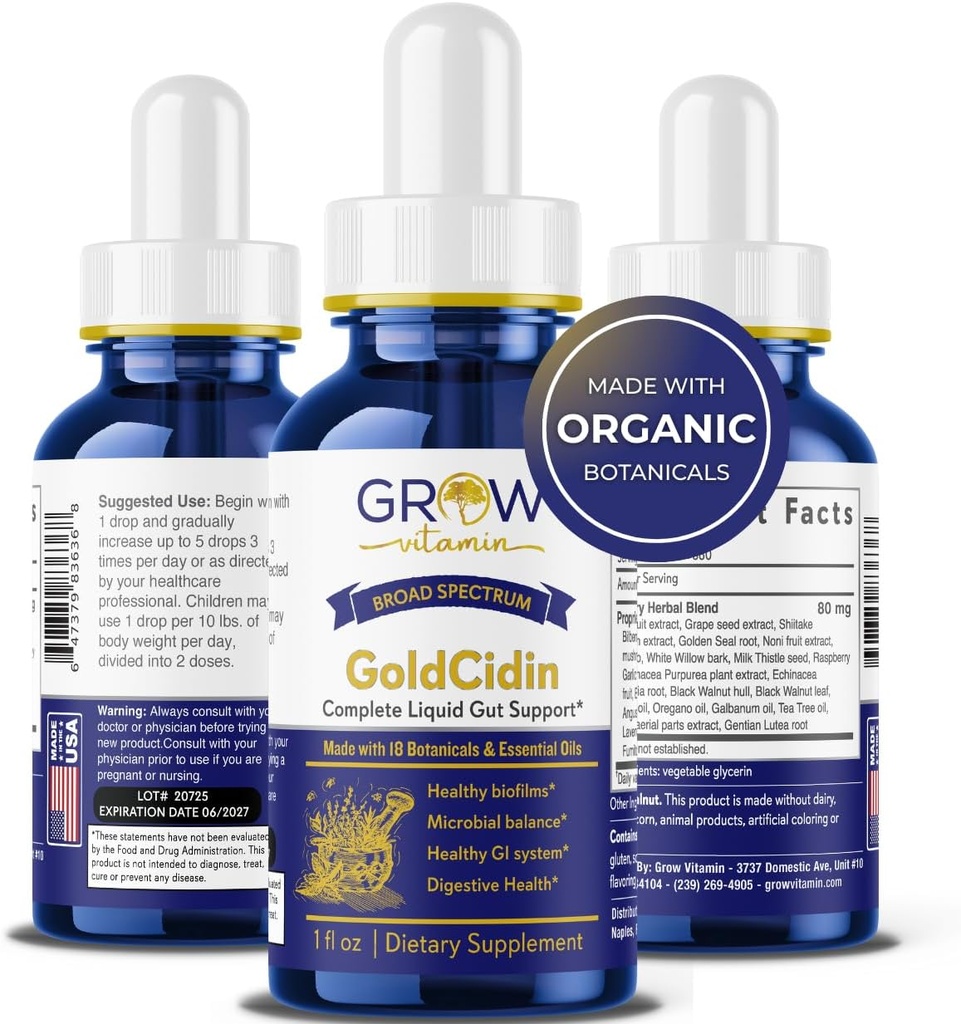 ajouter de la vitamine GoldCidin Gut, 18 extraits botaniques, élimine les irritants et les biofilms, favorise la fleur bénéfique, 18 mélange d'huile botanique et essentielle - (1 oz)