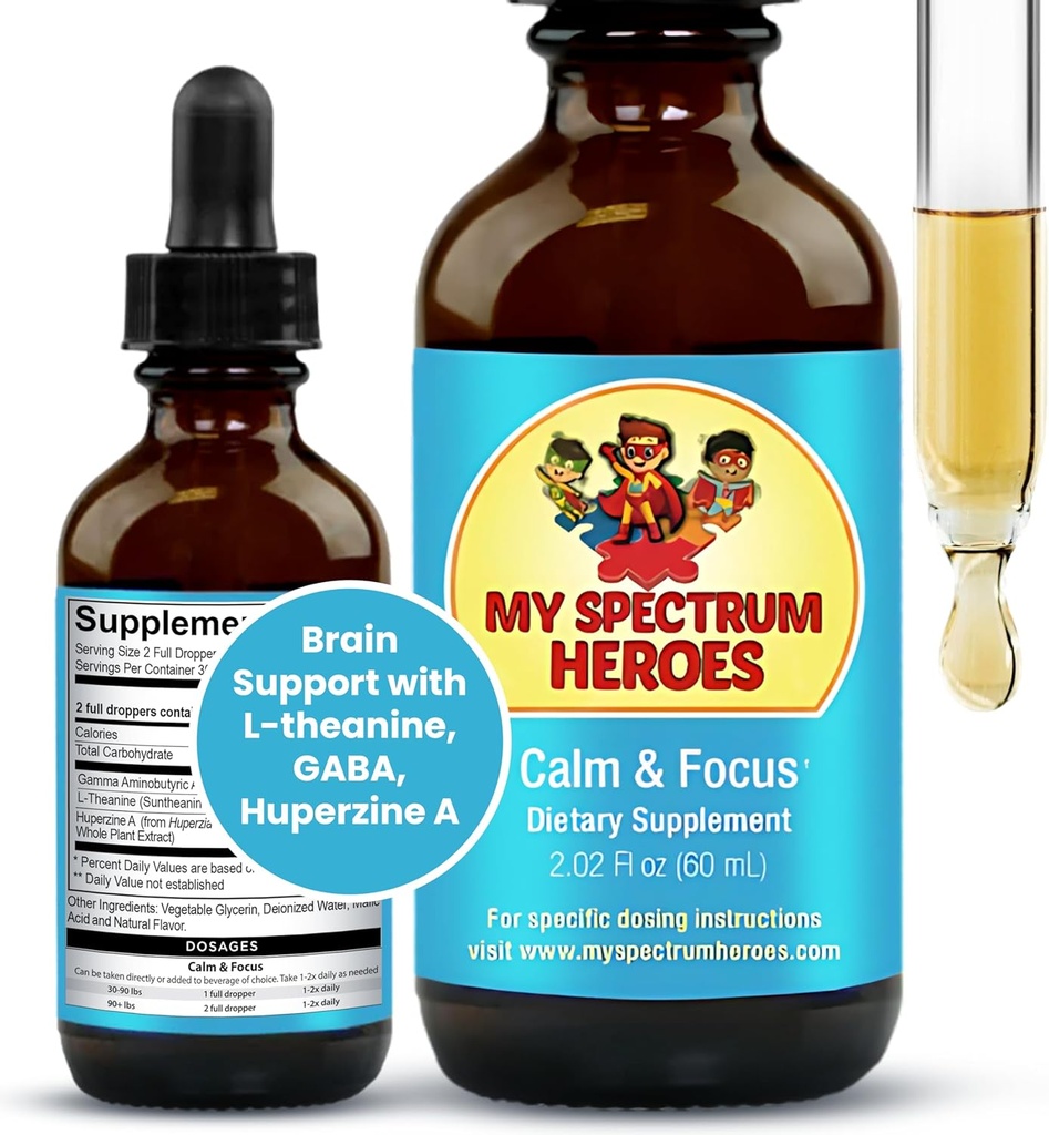 My Spectrum Heroes Calm & Focus Supplement Drops - Soutien Cerveau avec L-theanine, GABA, Huperzine A - Améliorer la concentration pour les enfants ou les adultes - Boost Concentration pour les enfants et les adolescents - 2.02 FL oz. (60 ml)