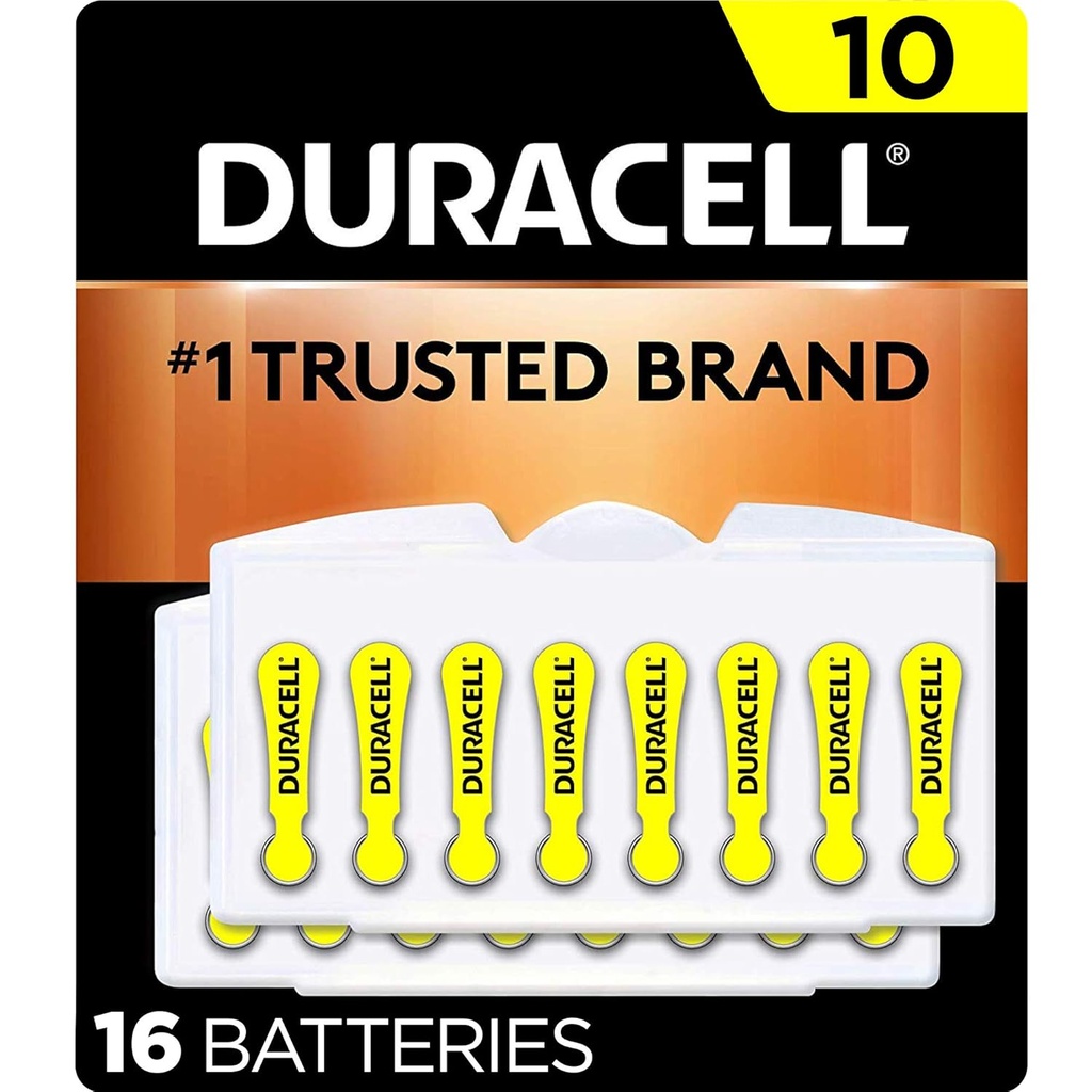 Batteries d'appareils auditifs Duracell Jaune Taille 10, 16 Count Pack, Batterie d'appareils auditifs 10A de taille avec une puissance longue, extra-long EasyTab Install pour appareils auditifs