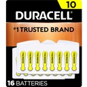 Batteries d'appareils auditifs Duracell Jaune Taille 10, 16 Count Pack, Batterie d'appareils auditifs 10A de taille avec une puissance longue, extra-long EasyTab Install pour appareils auditifs