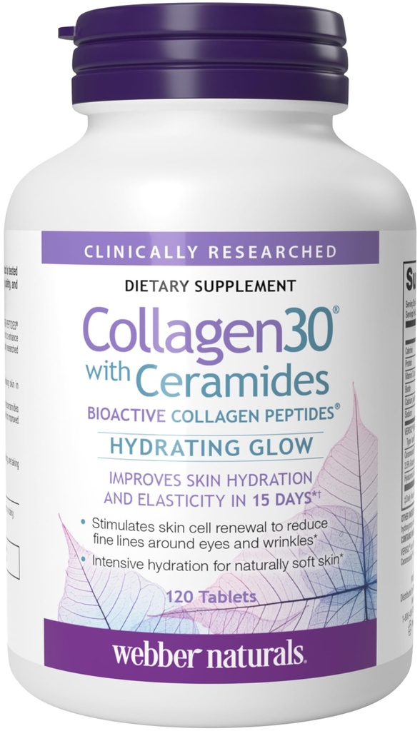 Webber Naturals Collagen30 avec Céramides, Peptides de Collagène Bioactifs, 120 comprimés, Glow Hydratant, aide à améliorer l'hydratation de la peau, l'élasticité et la douceur, non OGM, laitiers et sans gluten