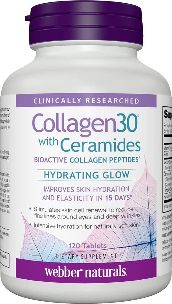 Webber Naturals Collagen30 with Ceramides, Bioactive Collagen Peptides, 120 Tablets, Hydrating Glow, Helps Improve Skin Hydration, Elasticity & Smoothness, Non GMO, Dairy & Gluten Free