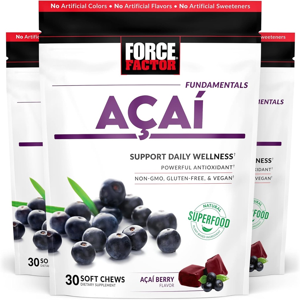 Facteur de force Acai Soft Chews pour le soutien immunitaire, la défense anti-stress oxydative, Superfood et complément antioxydants, non-OGM, sans gluten, et végétalien, açai Berry Flavor, 30 Chews doux, 3-Pack